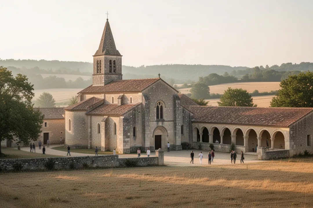 Ancienne abbaye Sainte-Marie du Désert entourée de champs près de Toulouse