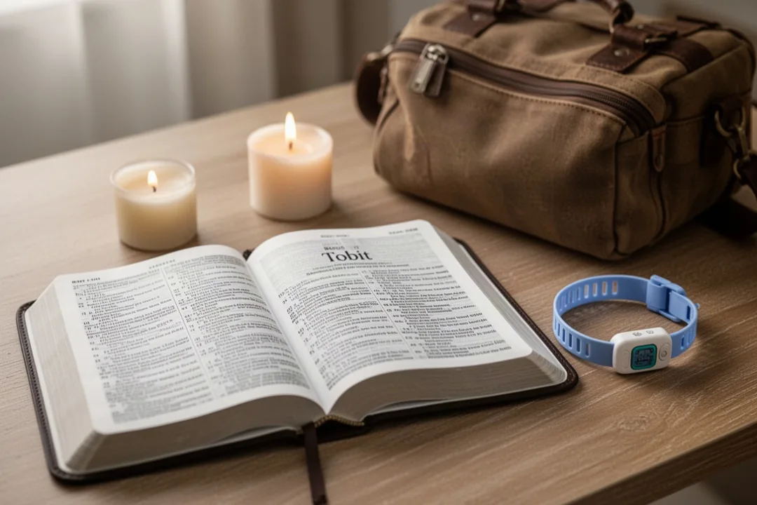 Bible ouverte sur Tobie, bougie et objets symbolisant guérison et voyage