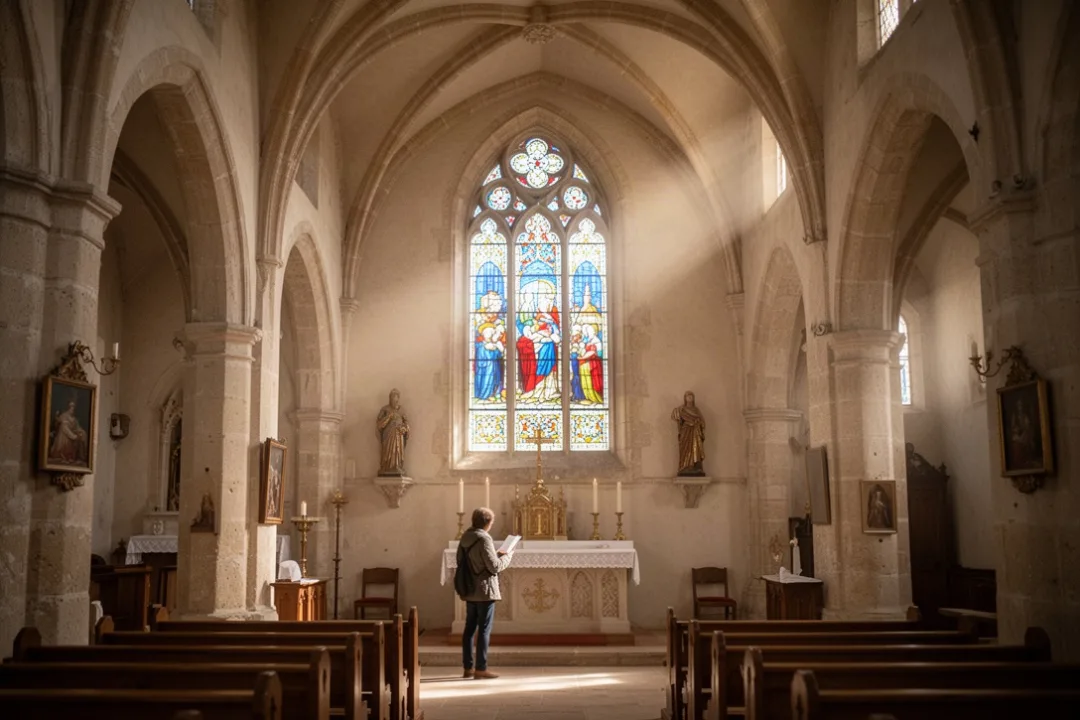 Visiteur contemplant un vitrail coloré dans une église française