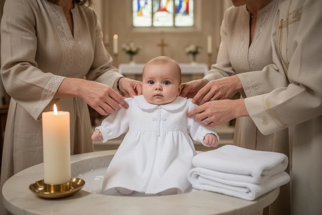 Parents préparant une robe blanche de baptême dans une église lumineuse