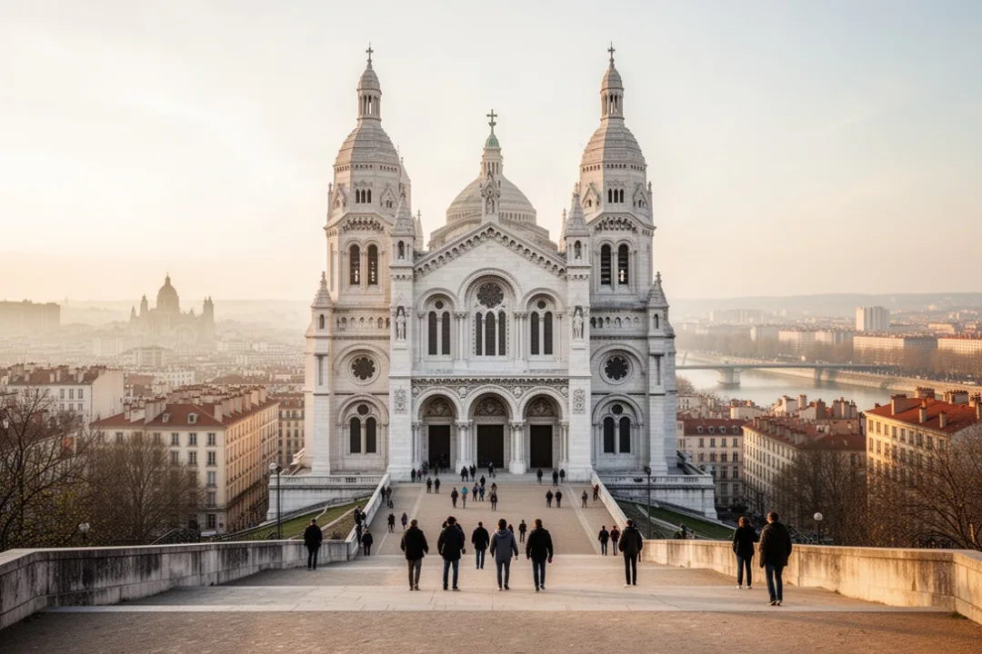 Visiteurs approchant la basilique de Fourvière depuis l’esplanade au matin