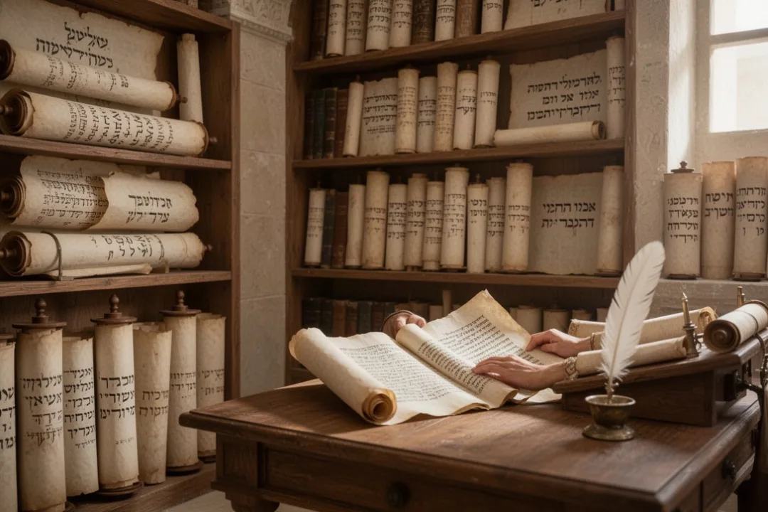 Scribe comparant des manuscrits grecs et hébreux dans une bibliothèque antique