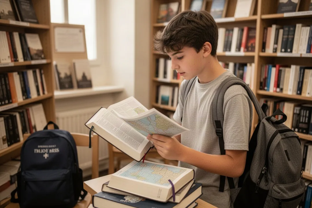 Adolescent choisissant une bible adaptée dans une librairie religieuse