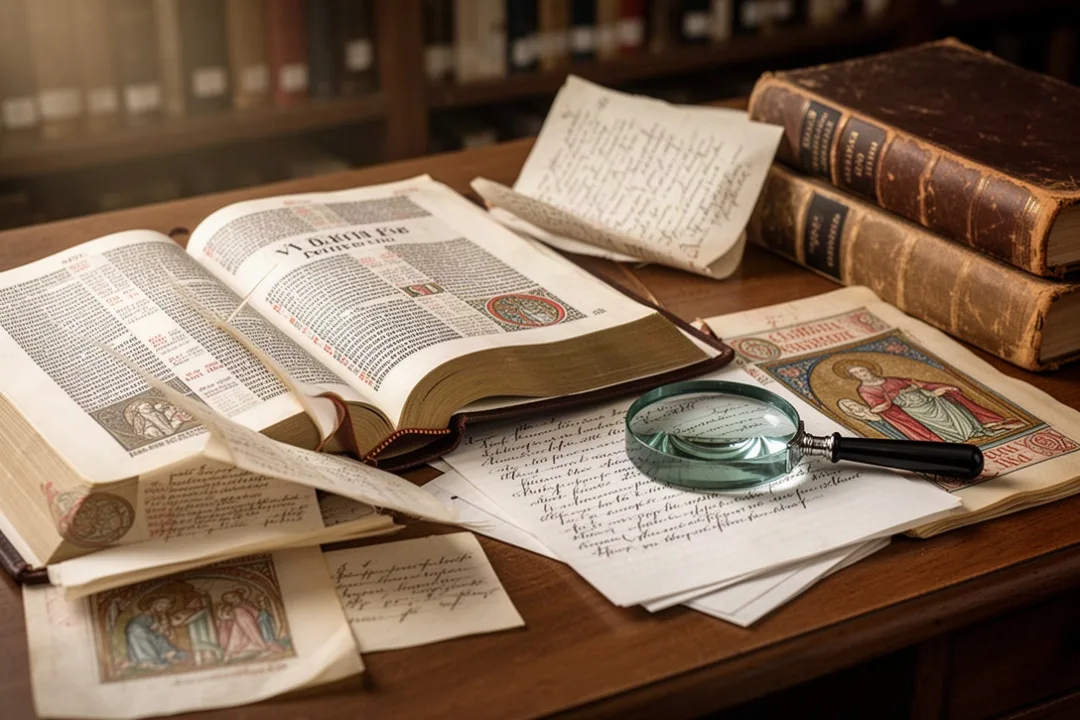 Bible vulgate latine ouverte à côté de notes et d’ouvrages historiques