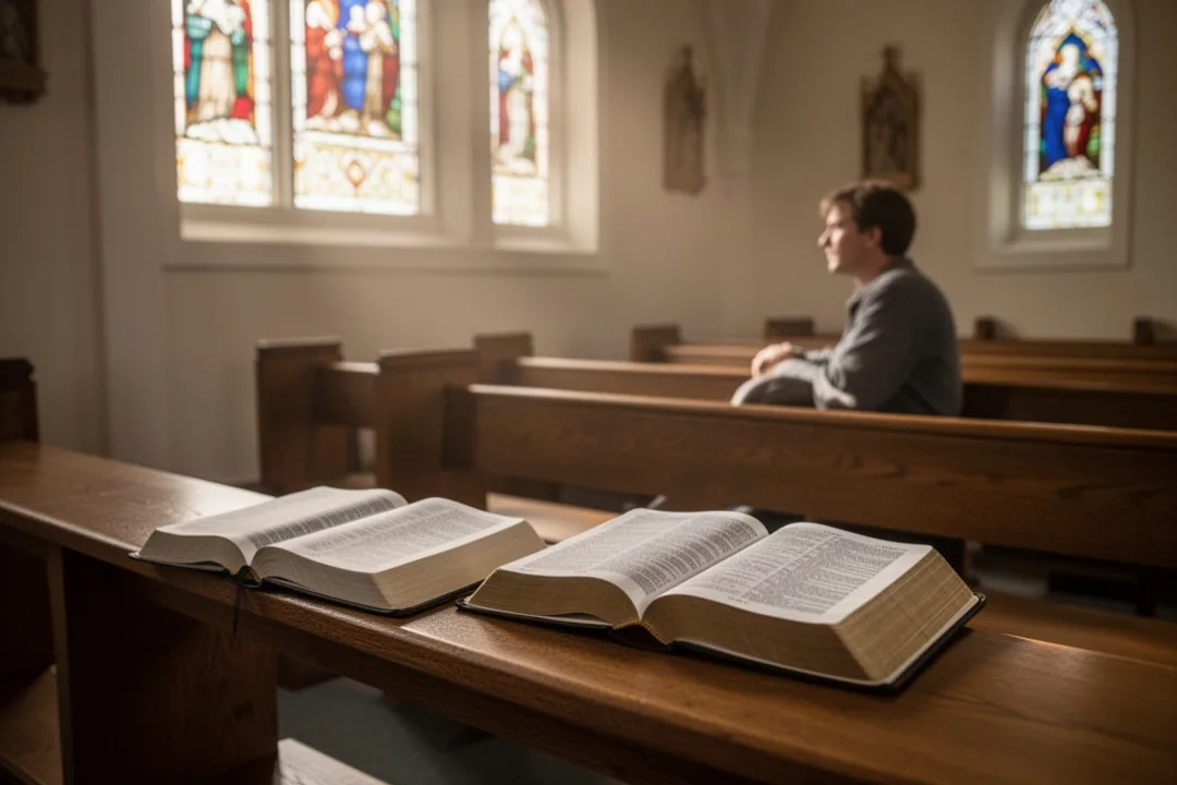 Bible ouverte dans une église éclairée, évoquant le discernement et le pardon