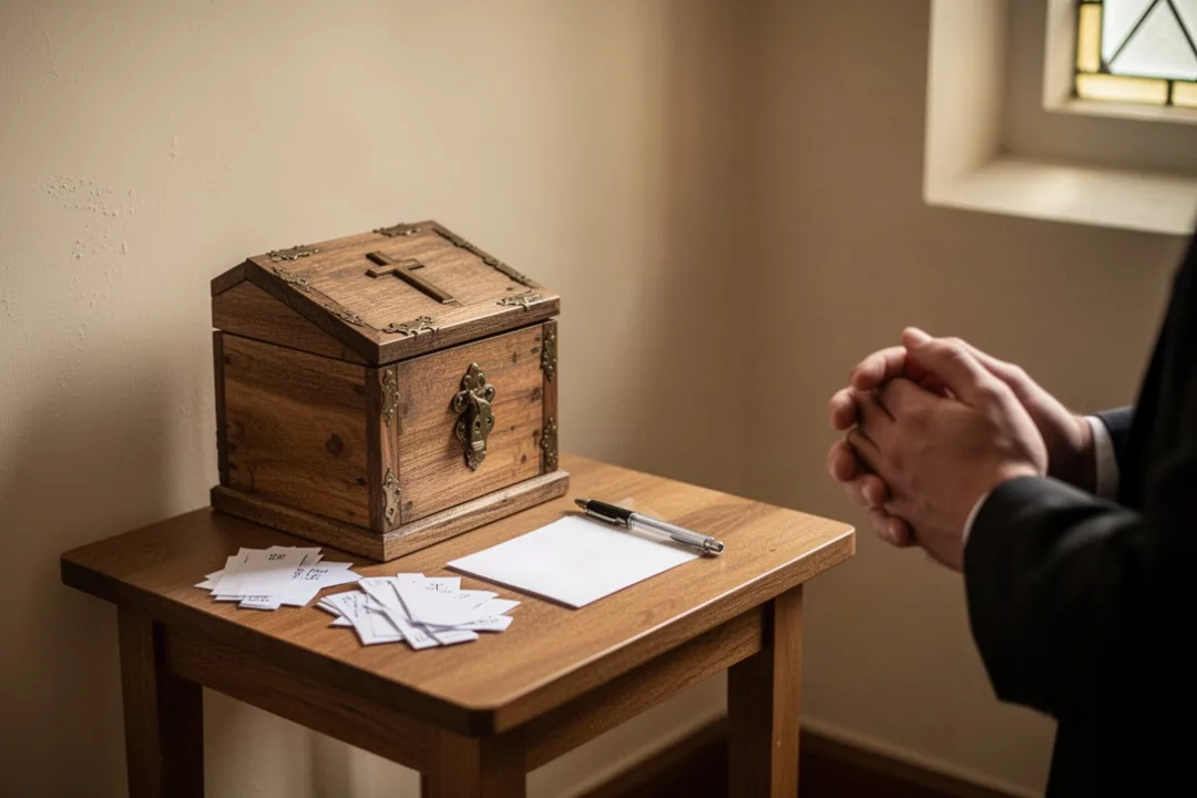 Boîte à prière en bois posée dans un coin calme d’une église