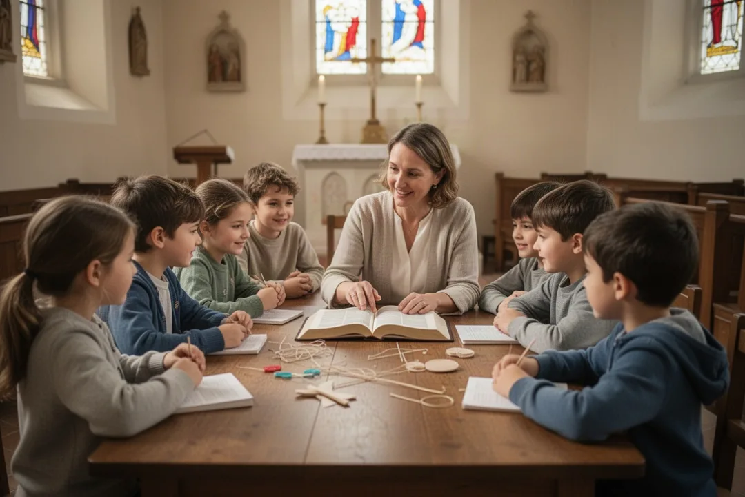 Enfants réunis en séance de catéchisme autour d’une Bible ouverte