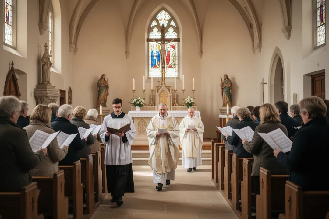 Assemblée chantant pendant la procession d’entrée dans une église paroissiale