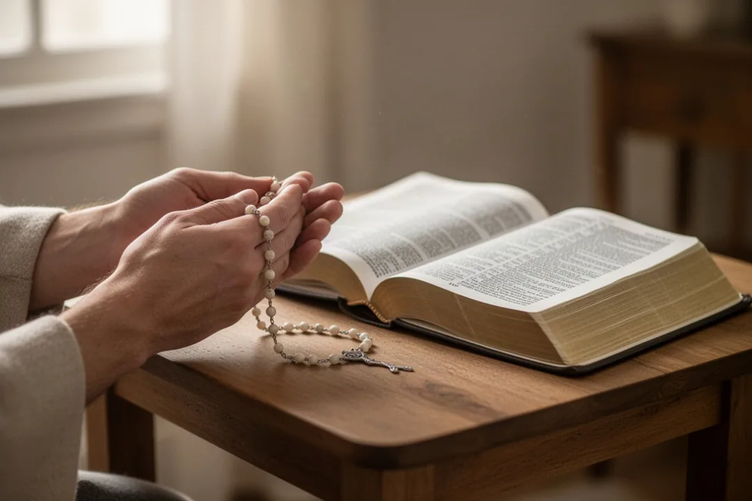 Mains tenant un chapelet près d’une Bible ouverte, dans une lumière douce
