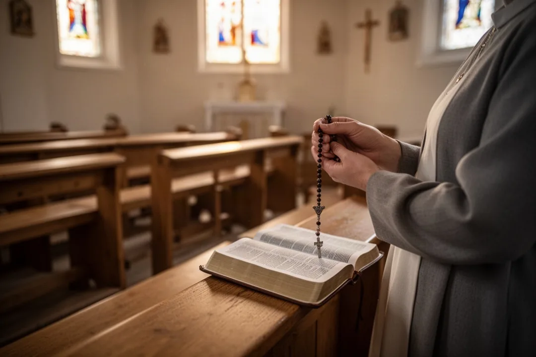 Personne méditant le chapelet dans une chapelle éclairée par la lumière du matin