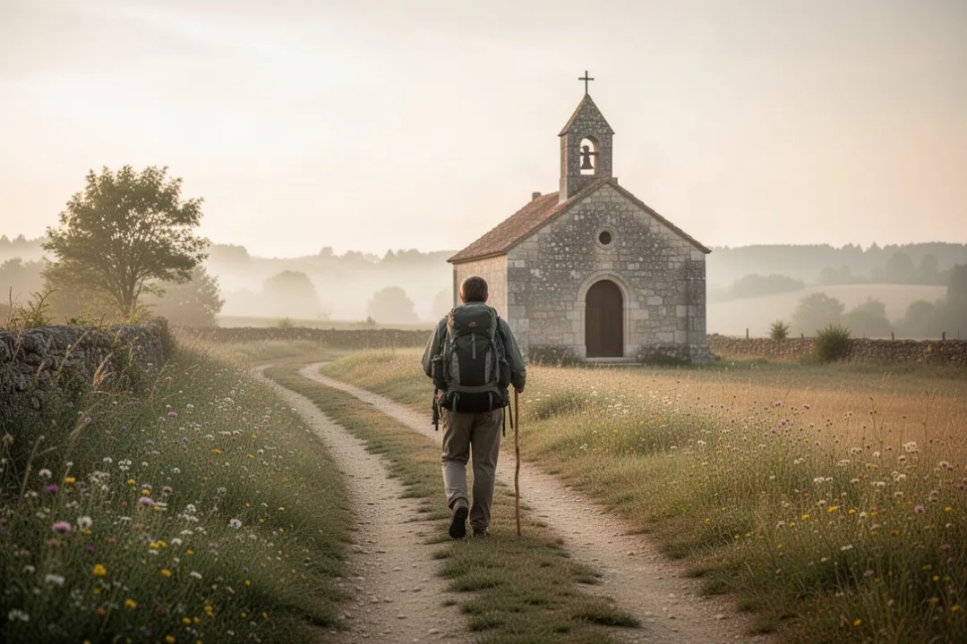 Pèlerin marchant vers une chapelle rurale sur un chemin français