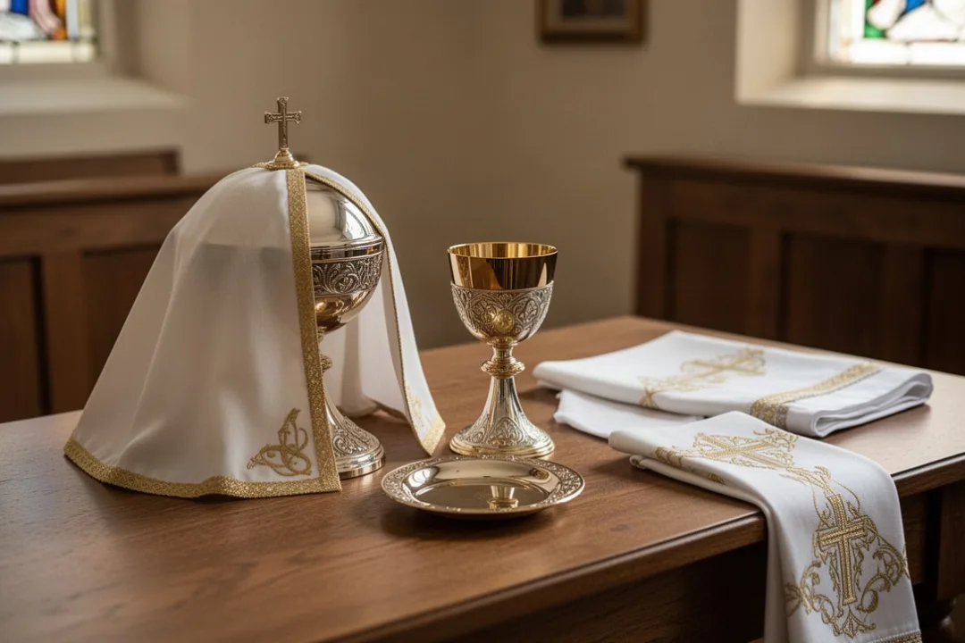 Ciboire couvert et calice ouverts préparés dans une sacristie catholique