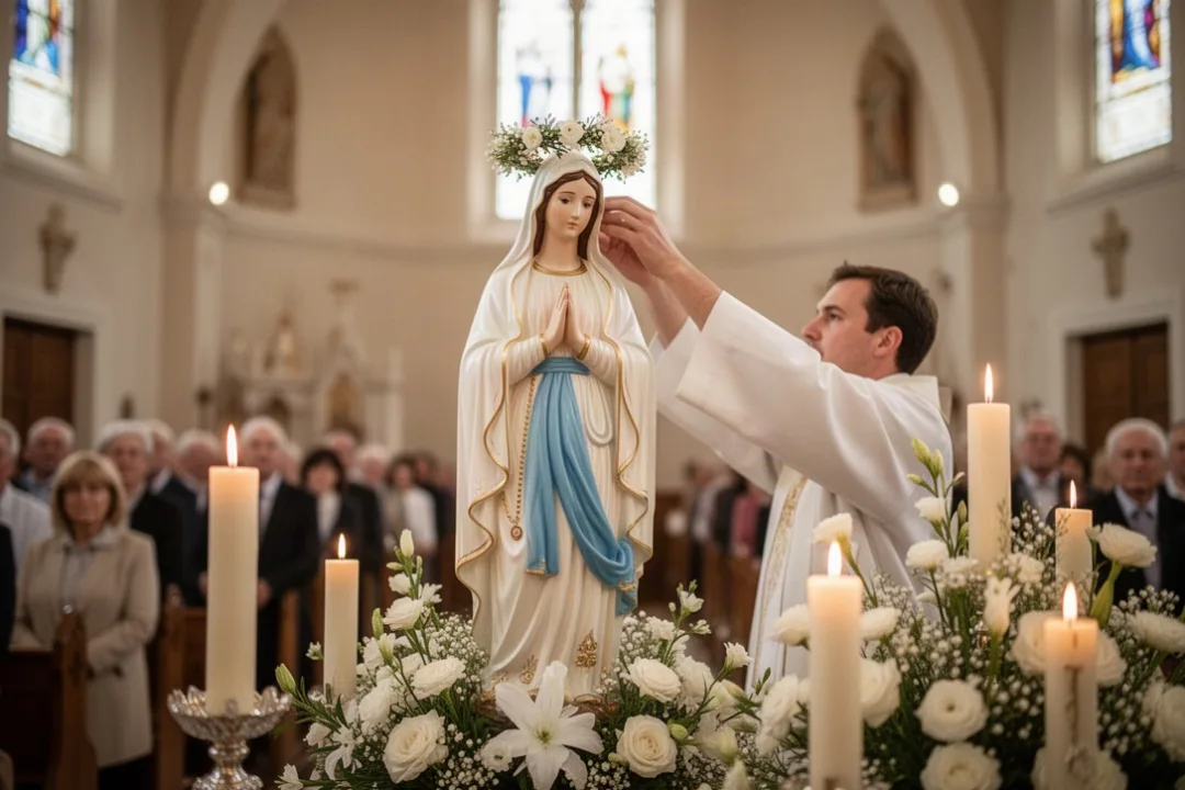 Couronne de fleurs déposée sur une statue de Marie dans une chapelle