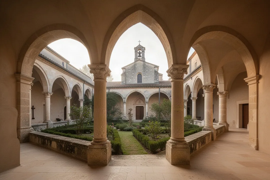Cloître paisible d’un couvent franciscain historique avec jardin et chapelle