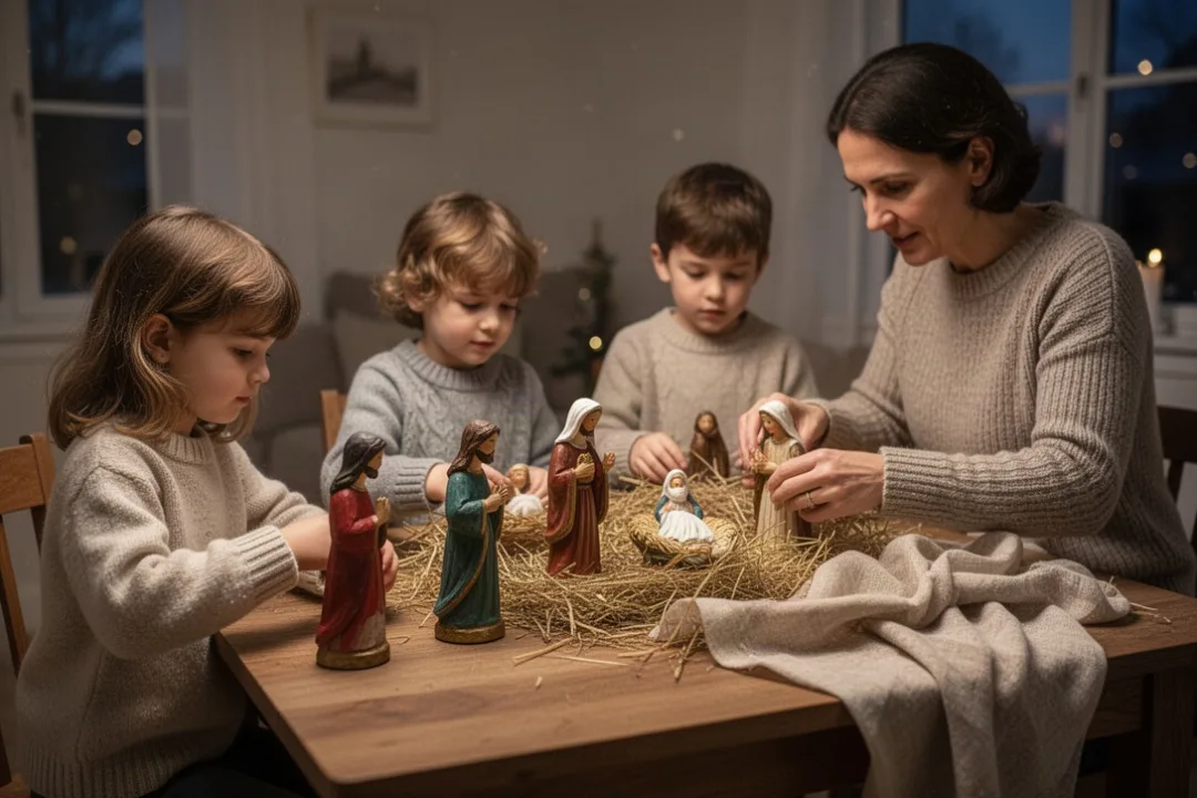 Famille préparant une crèche de Noël artisanale autour d’une table