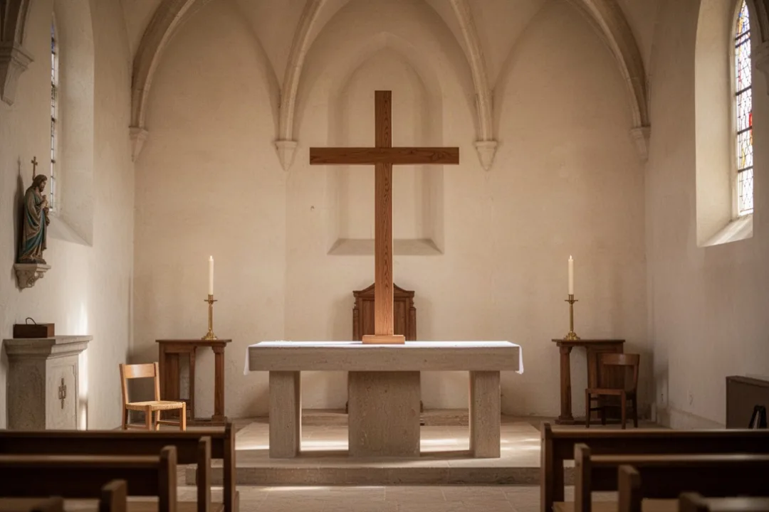 Croix d’autel en bois installée sur un autel de chapelle