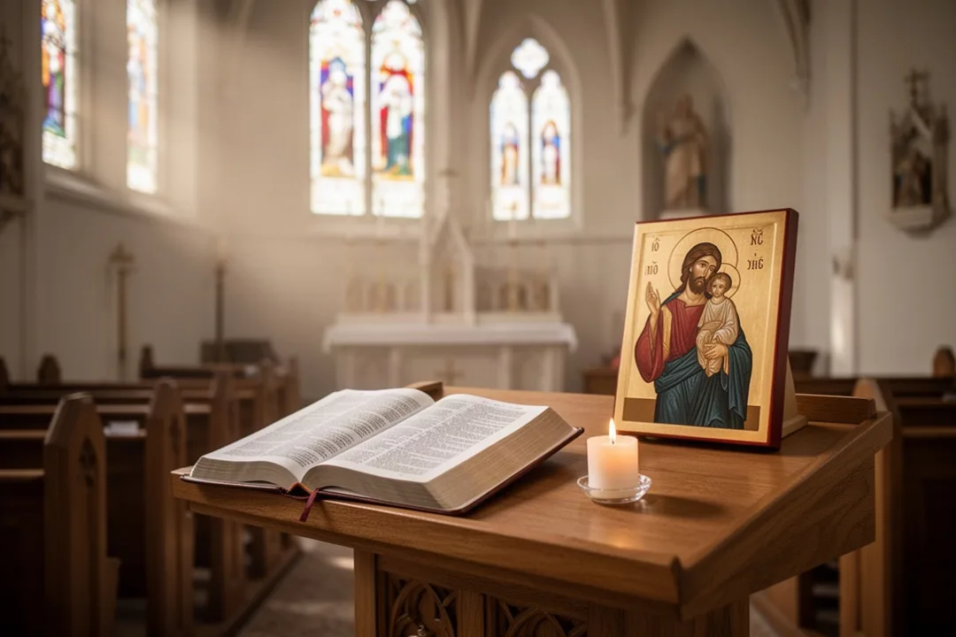 Bible ouverte et bougie dans une église pour la Saint-Philippe
