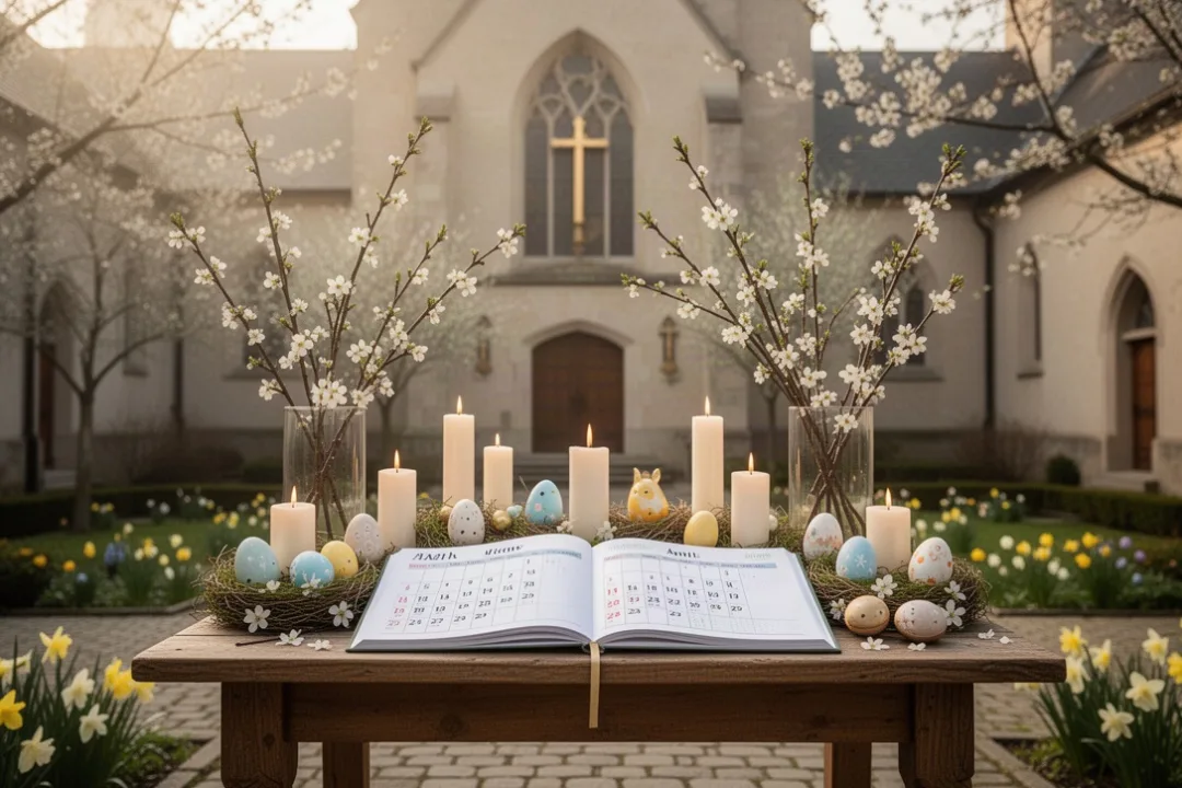 Calendrier liturgique ouvert près de bougies dans une église au printemps