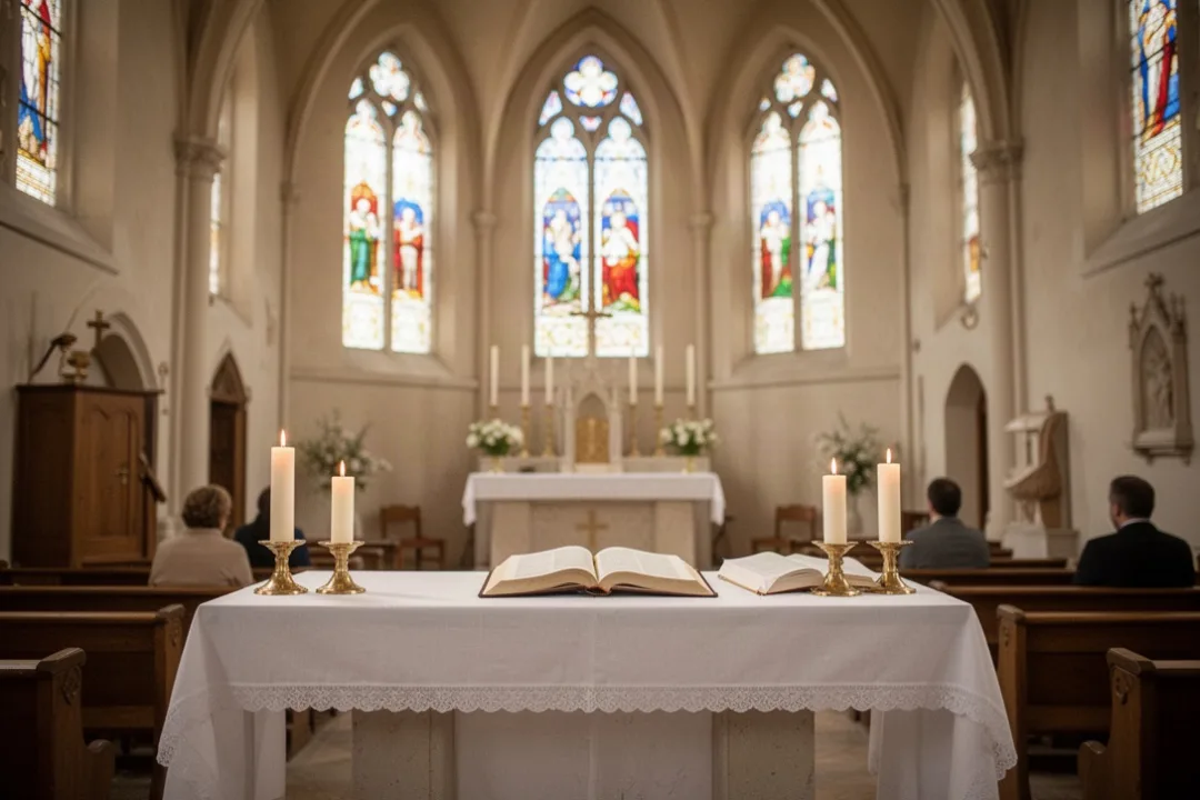 Église paroissiale préparée pour la messe du jeudi de l’Ascension