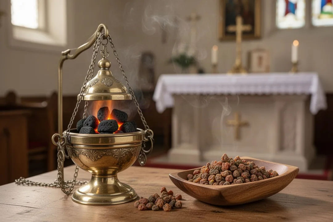 Encens d’église et thurible préparés dans une sacristie