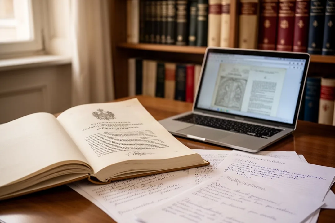 Document pontifical ouvert avec notes latines et françaises dans une bibliothèque religieuse