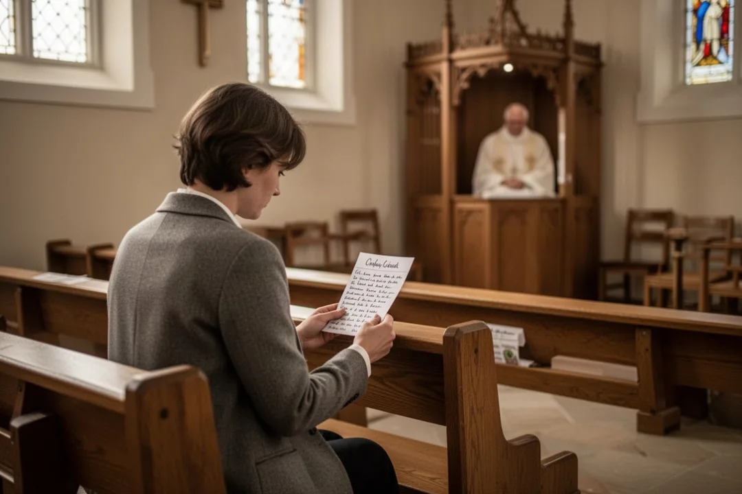 Personne préparant son examen de conscience dans une église avant la confession
