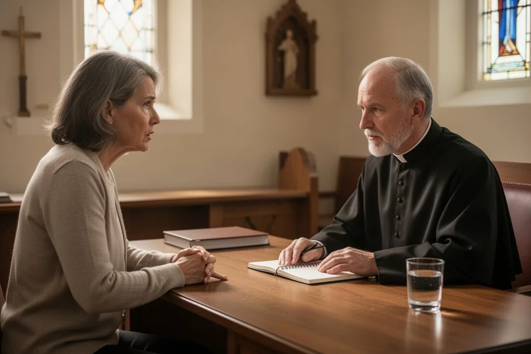 Entretien pastoral calme entre une personne inquiète et un prêtre