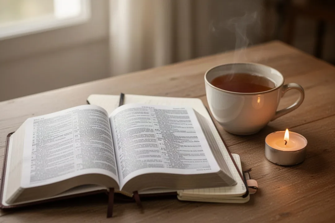 Bible ouverte près d’un carnet pour une lecture personnelle et une prière