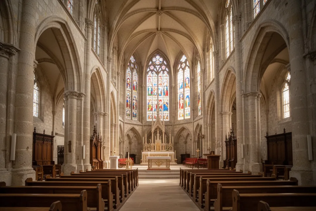 Intérieur lumineux de l’abbatiale gothique de Fécamp avec vitraux colorés