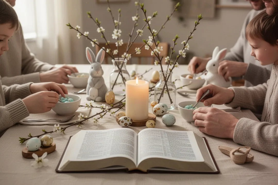 Famille préparant une table familiale pour célébrer Pâques