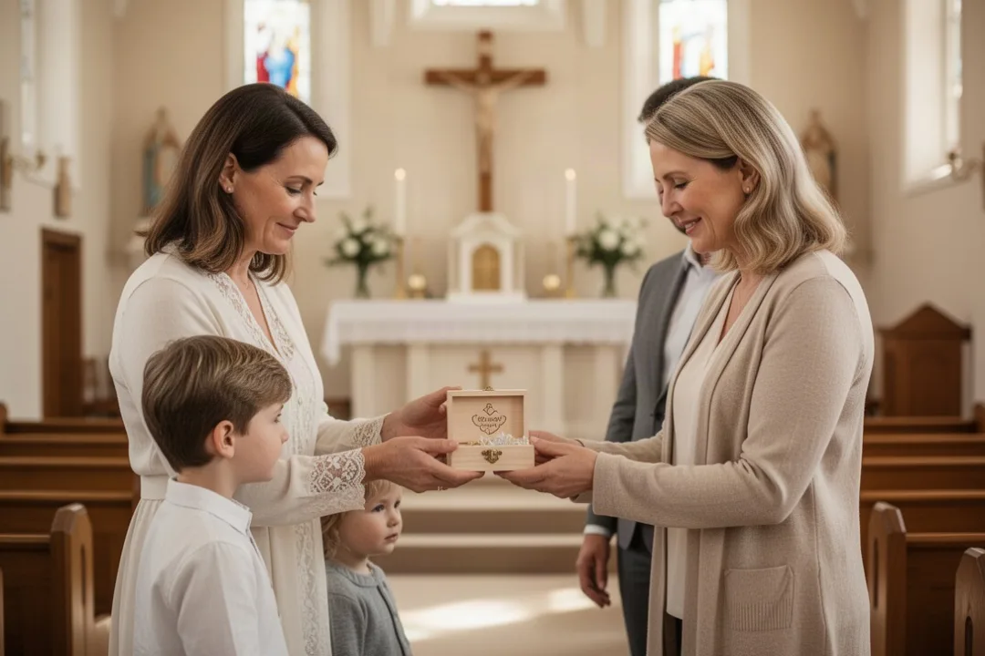 Marraine offrant une boîte à souvenirs personnalisée après un baptême religieux