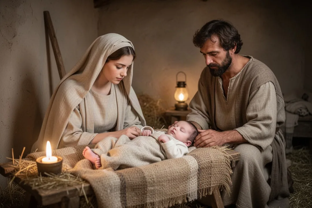 Scène sobre de la Nativité dans une maison ancienne éclairée par une lampe