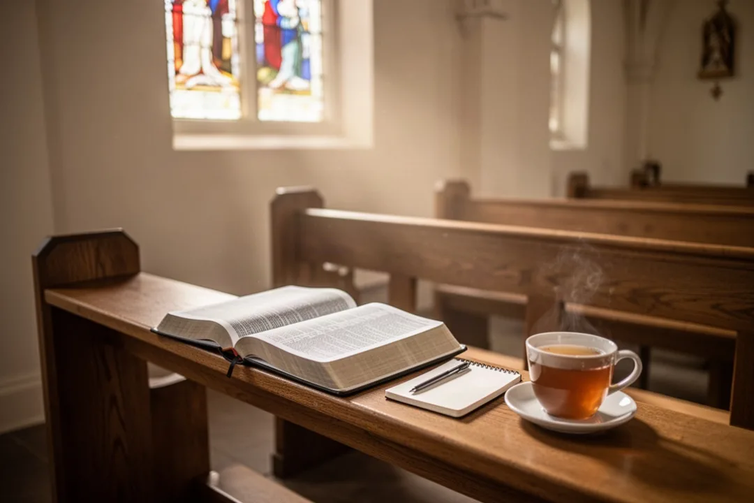 Lecture de la Bible dans une église paisible, avec carnet et lumière matinale
