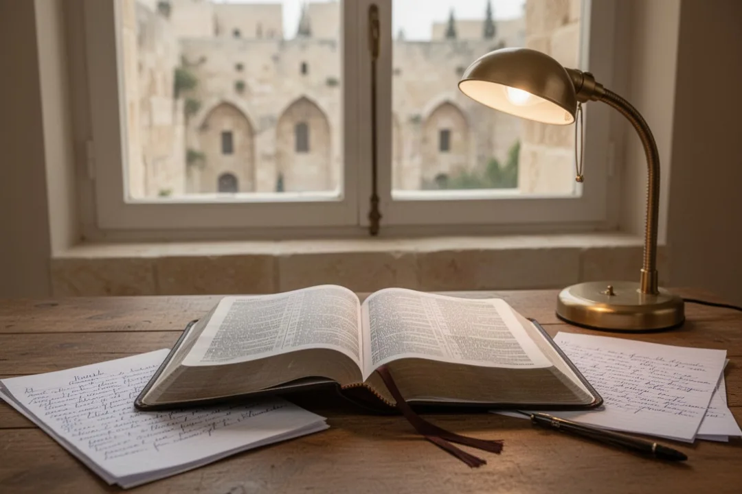 Bible ouverte avec notes d’étude et architecture de Jérusalem en arrière-plan