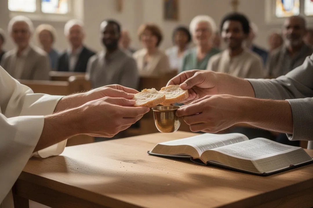 Pain et coupe posés sur une table lors d’une célébration chrétienne