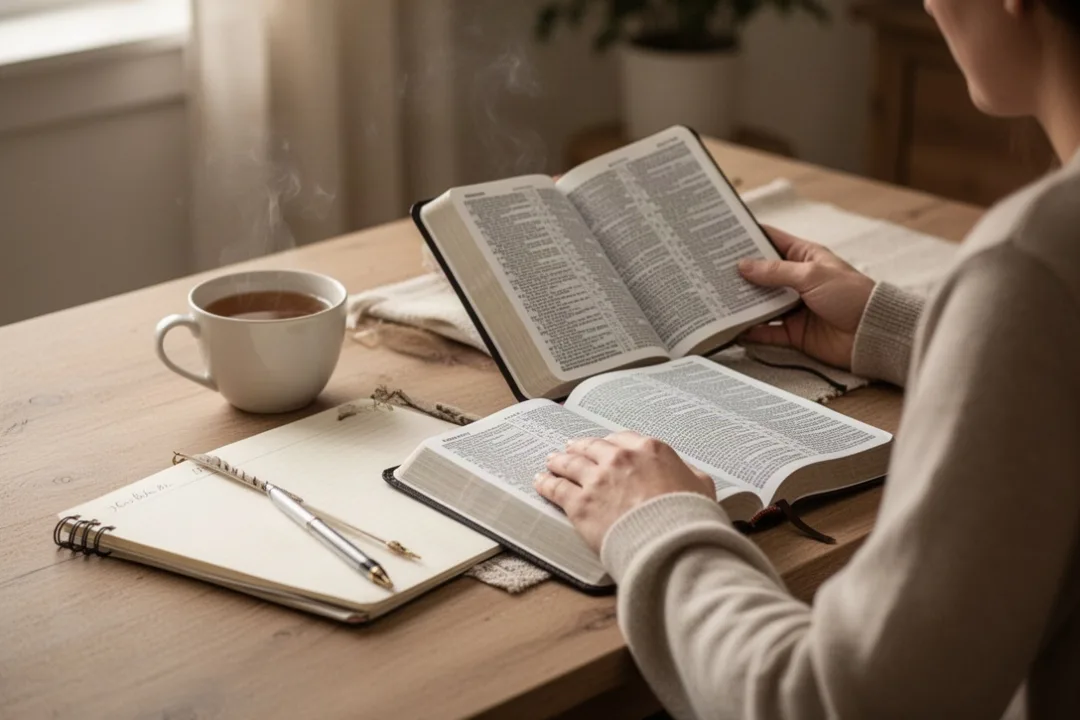 Lecture matinale de la Bible avec carnet et tasse de thé