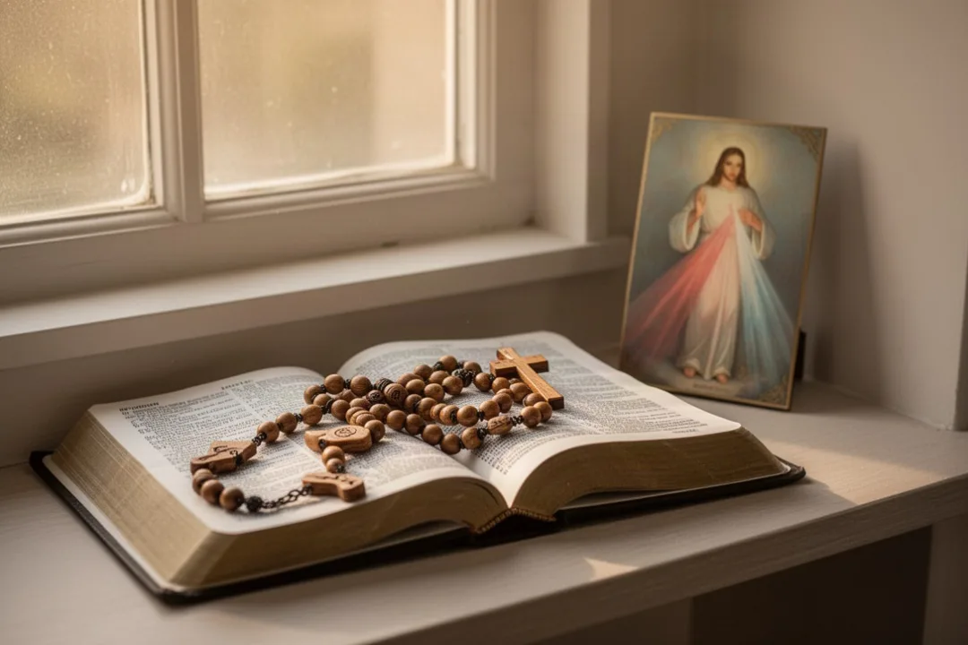 Chapelet posé près d’une Bible dans un coin de prière lumineux