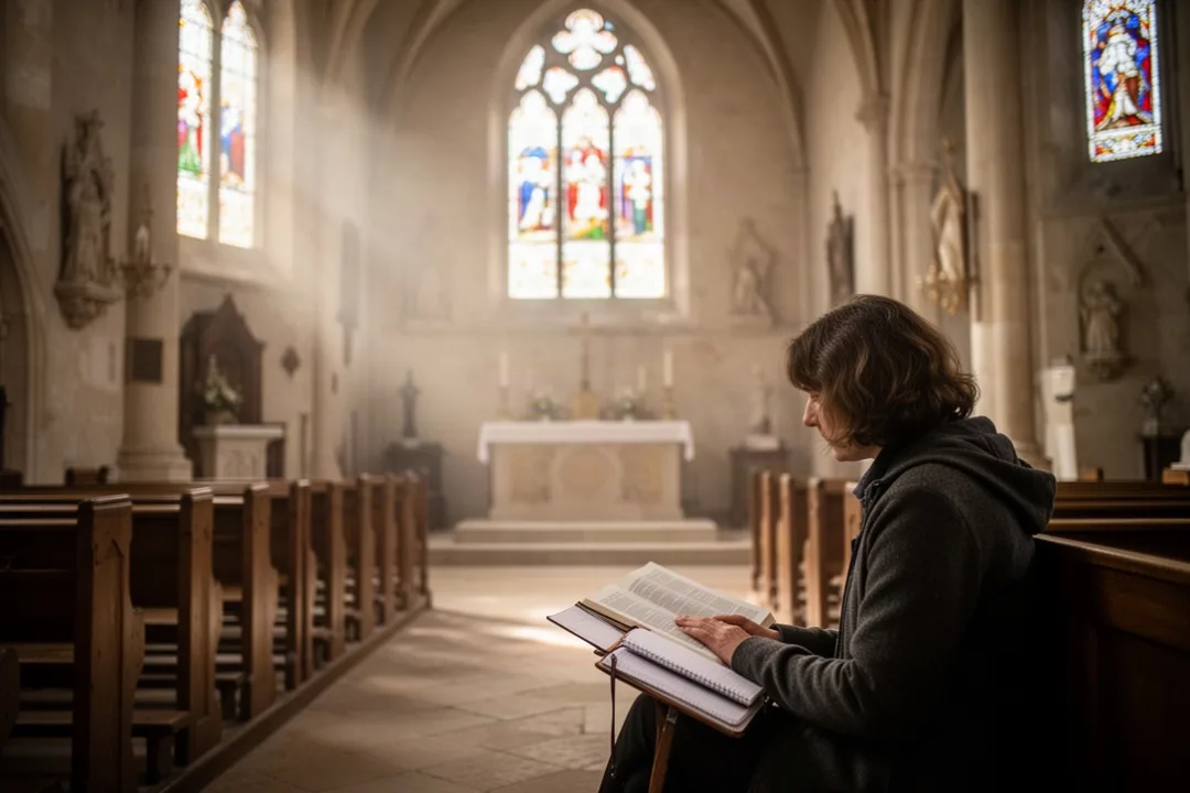 Personne priant seule dans une église avec une Bible ouverte