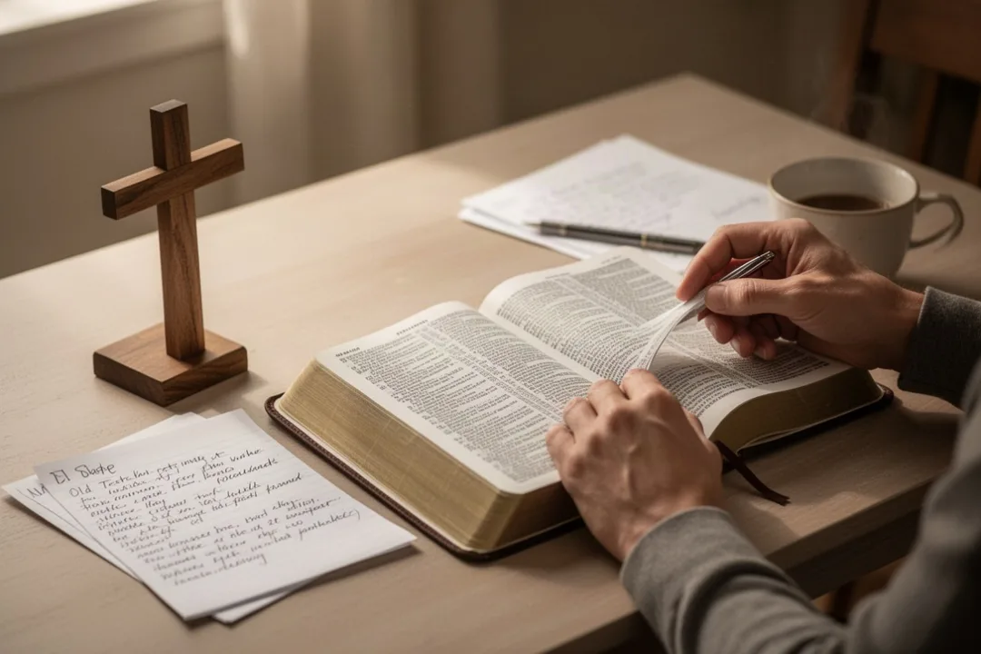 Lecture de l’Ancien Testament avec notes et symbole chrétien sur une table
