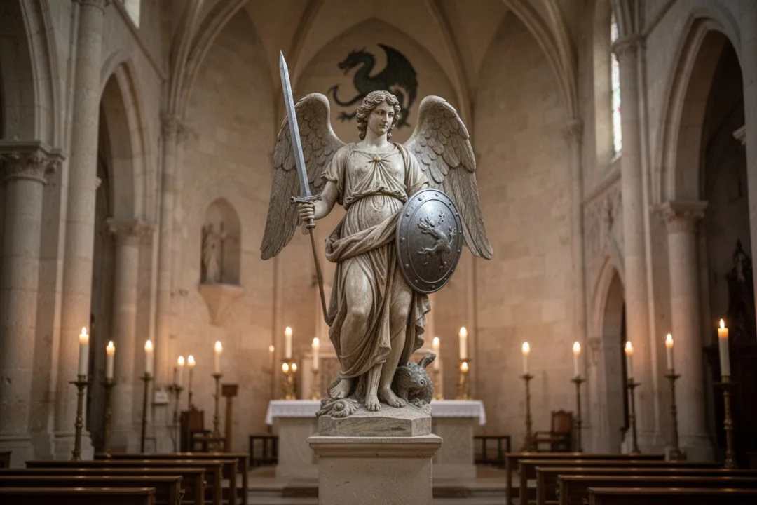 Statue de l’archange Michel dans une église française éclairée par des cierges