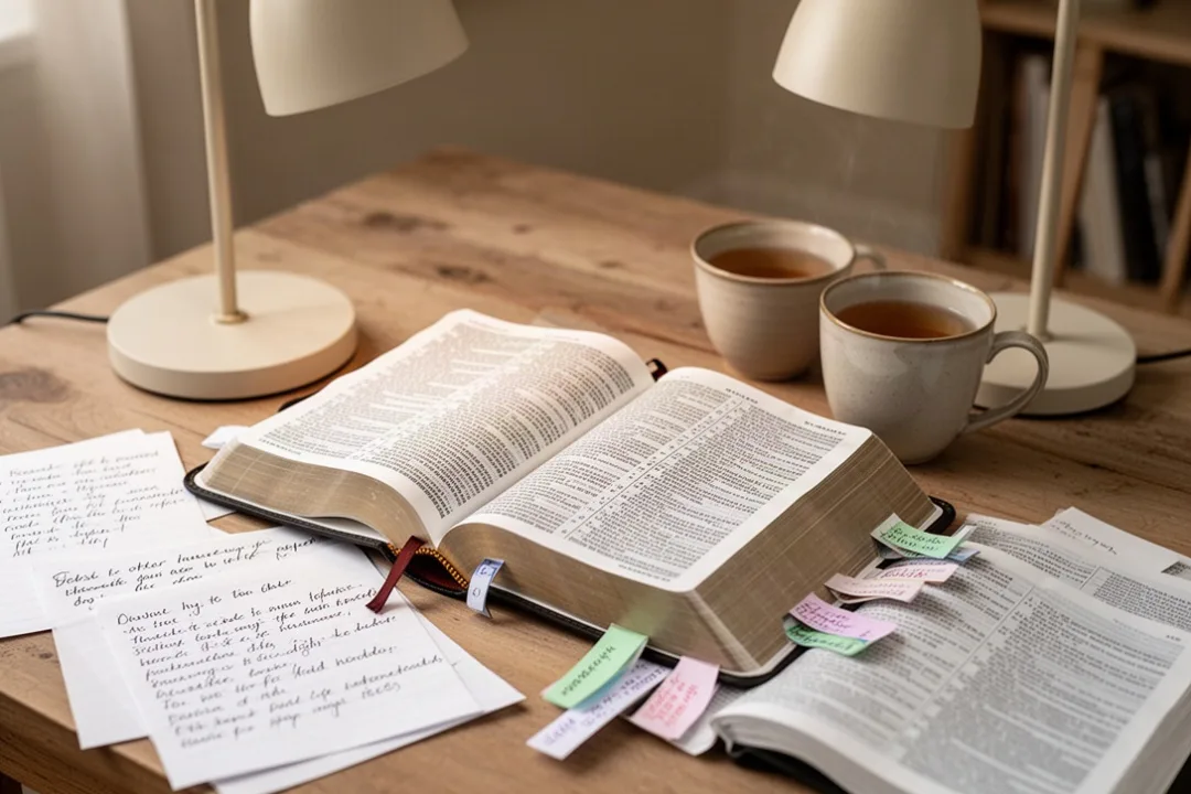 Lecteur étudiant une Bible ouverte avec notes manuscrites sur une table