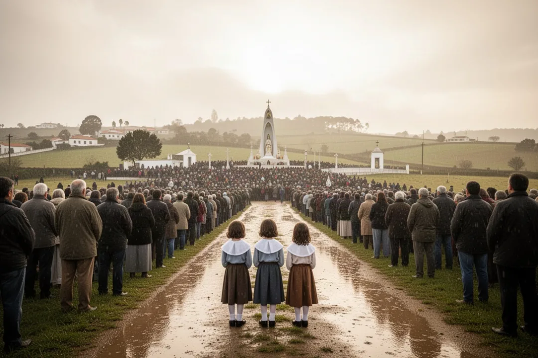Foule de pèlerins réunie à Fatima après la pluie, sous un ciel lumineux