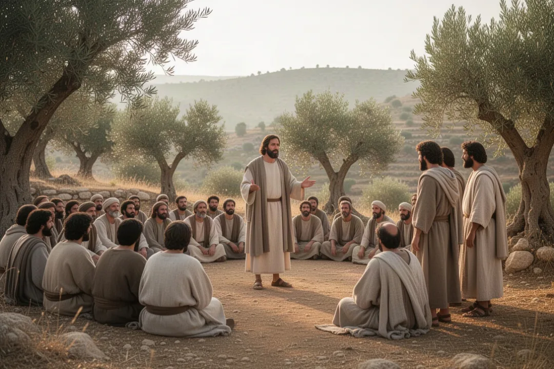 Jésus enseigne à une foule sur une colline de Galilée