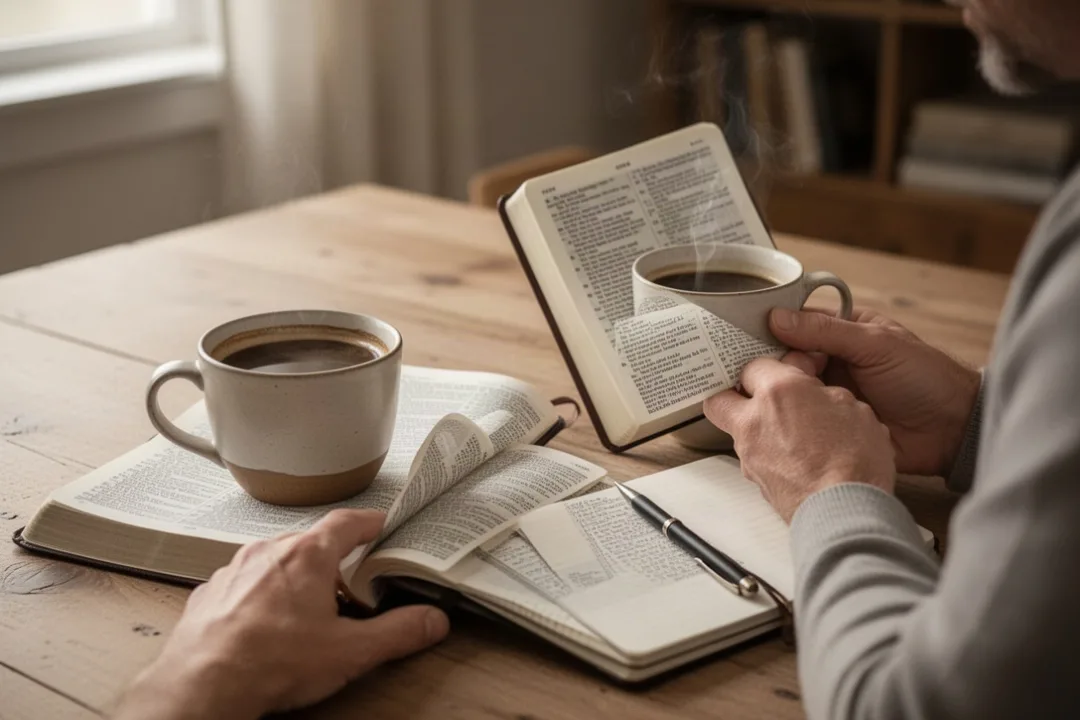 Personne lisant l’Évangile du jour près d’une Bible et d’un carnet