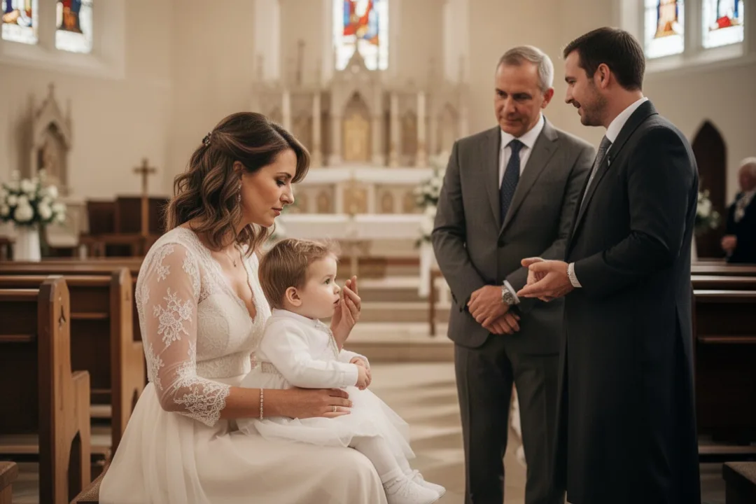 Marraine échangeant avec son filleul après une cérémonie de baptême