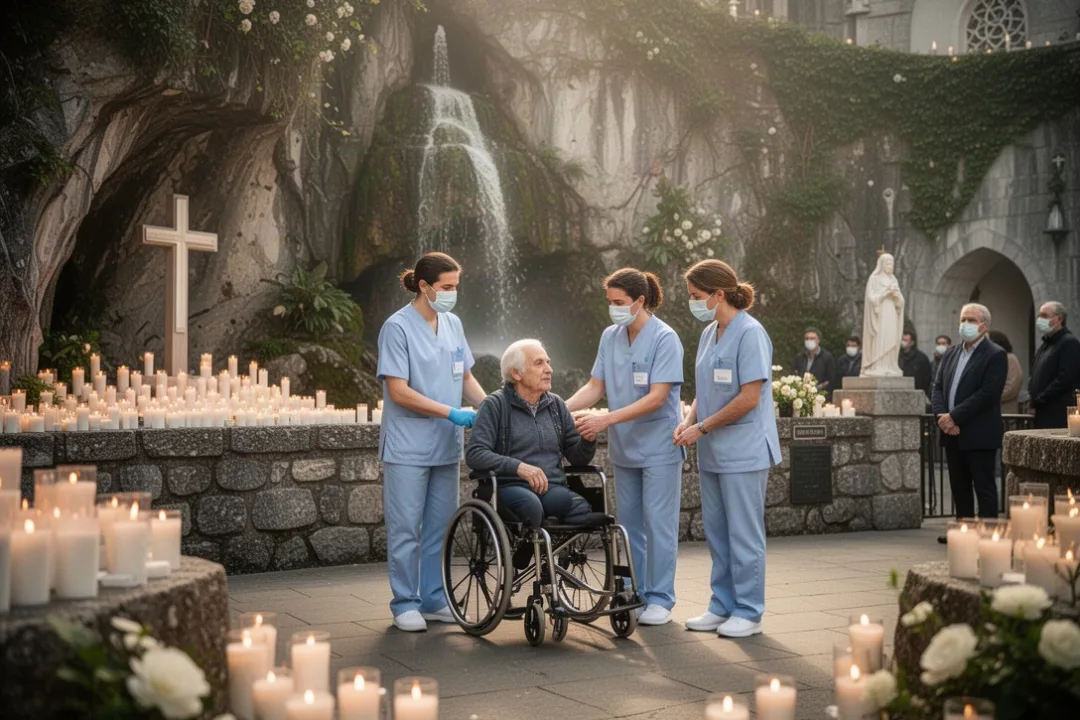 Pèlerin en fauteuil accompagné près de la grotte de Massabielle à Lourdes