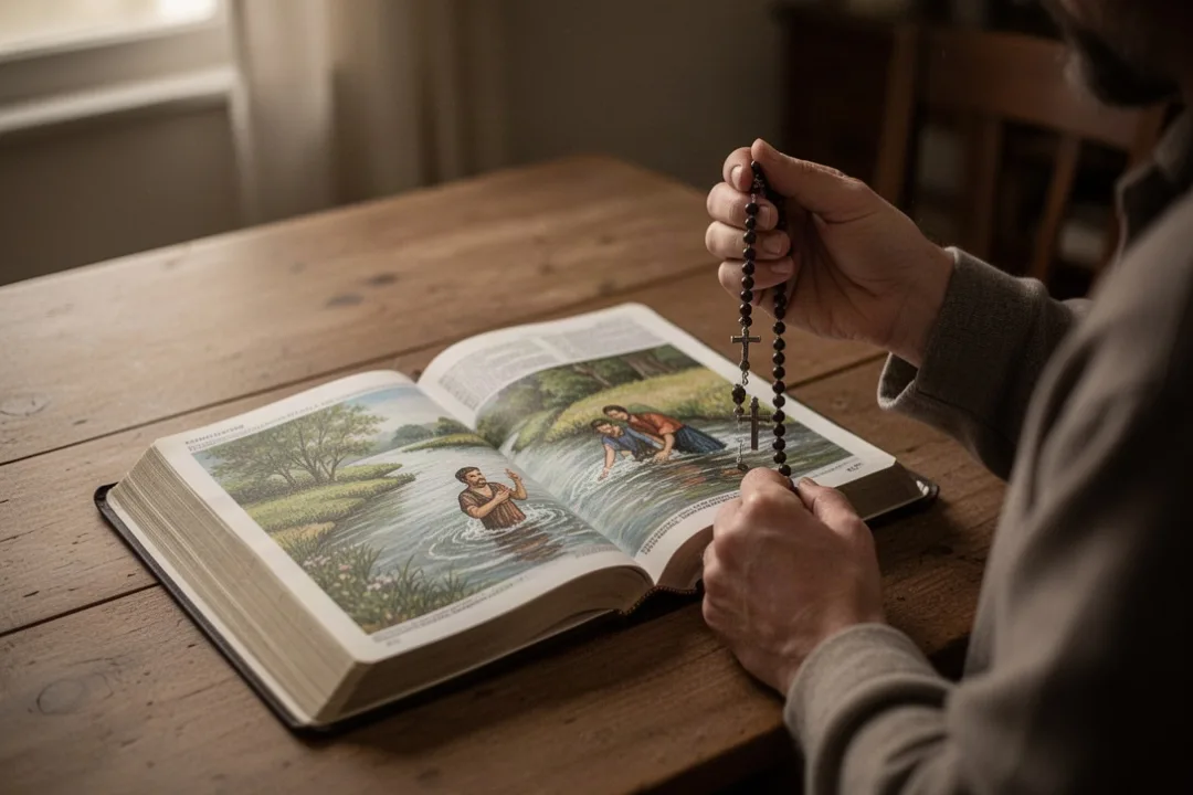 Chapelet posé près d’une Bible ouverte pour méditer les mystères lumineux