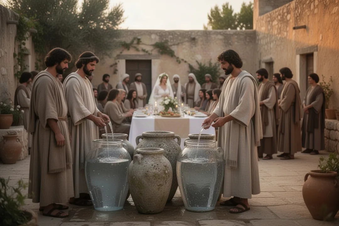 Jarres de pierre et serviteurs pendant les noces bibliques de Cana