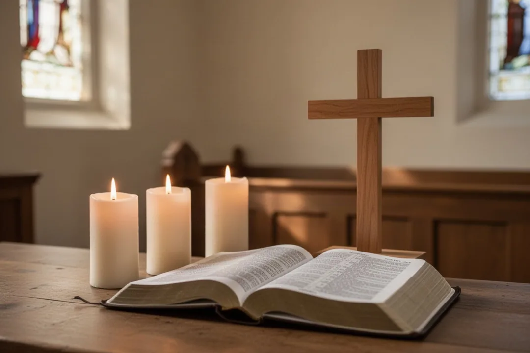 Trois bougies près d’une Bible ouverte dans une église paisible