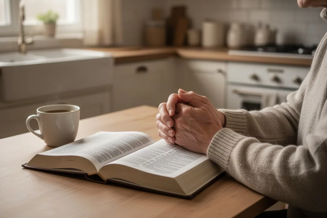 Personne priant la liturgie des heures au matin dans une cuisine